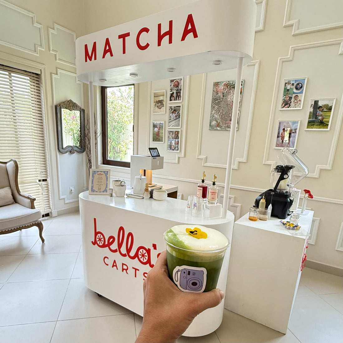 Matcha catering cart in dubai with customized foam topping branded to your event/logo/theme