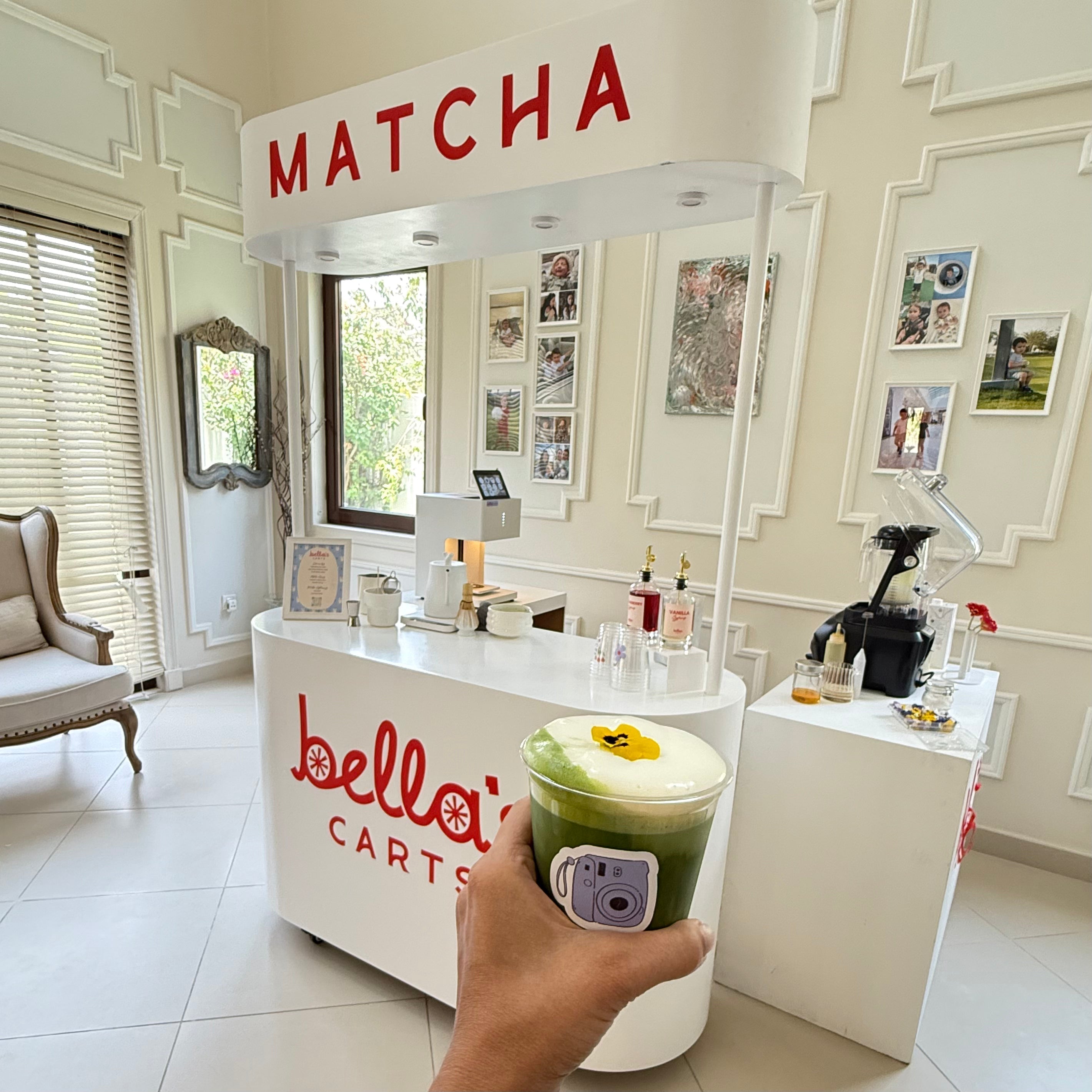 Matcha catering cart in dubai with customized foam topping branded to your event/logo/theme